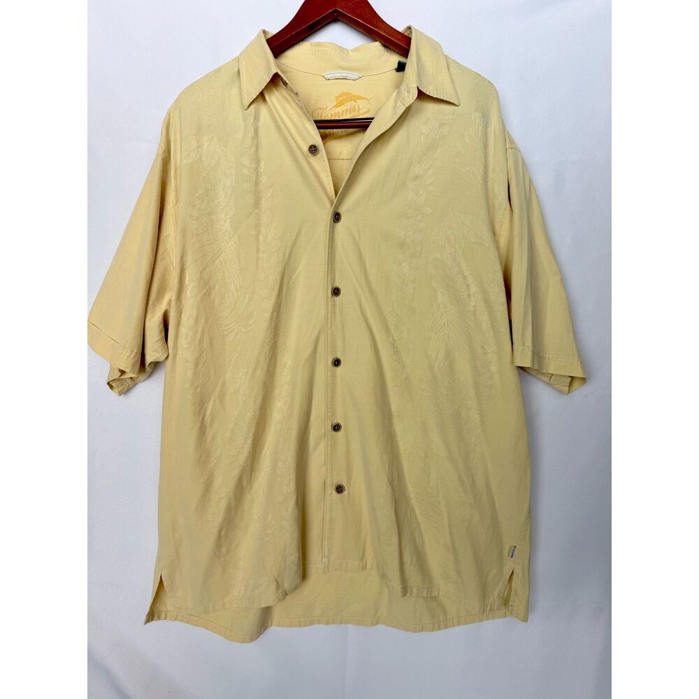 Tommy Bahama XL Silk Cotton Yellow Tropical Jacquard Camp Shirt Marlin